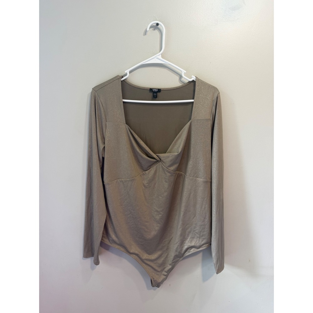 Express Body Contour Metallic Gold Twist Front Long Sleeve Bodysuit XL Champagne